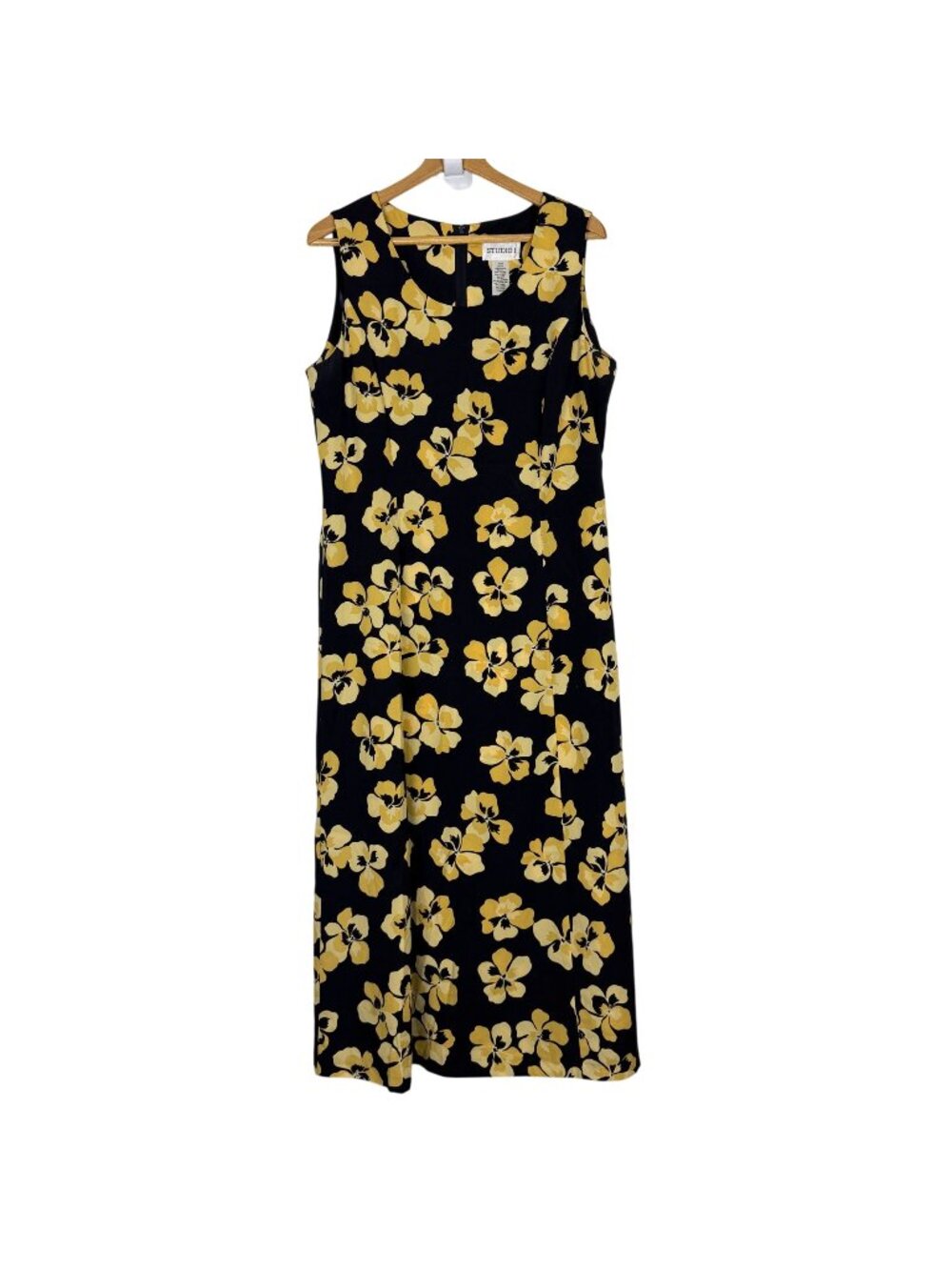 Studio 1 Floral Pansy Maxi Dress Sz 16 Sleeveless Black Yellow Summer Vintage